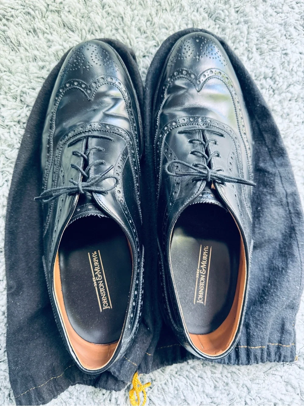 American Hand Made Johnston & Murphy Black Leather Wingtip Oxfords Shoes 14 USA - Picture 3 of 5